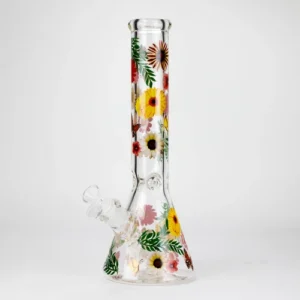 14" Flower and Butterfly Design 7mm Thick Heavy Duty Glass Beaker Bong